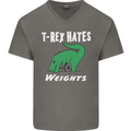 T-Rex Hates Weights Funny Gym Training Top Mens V-Neck Cotton T-Shirt Charcoal