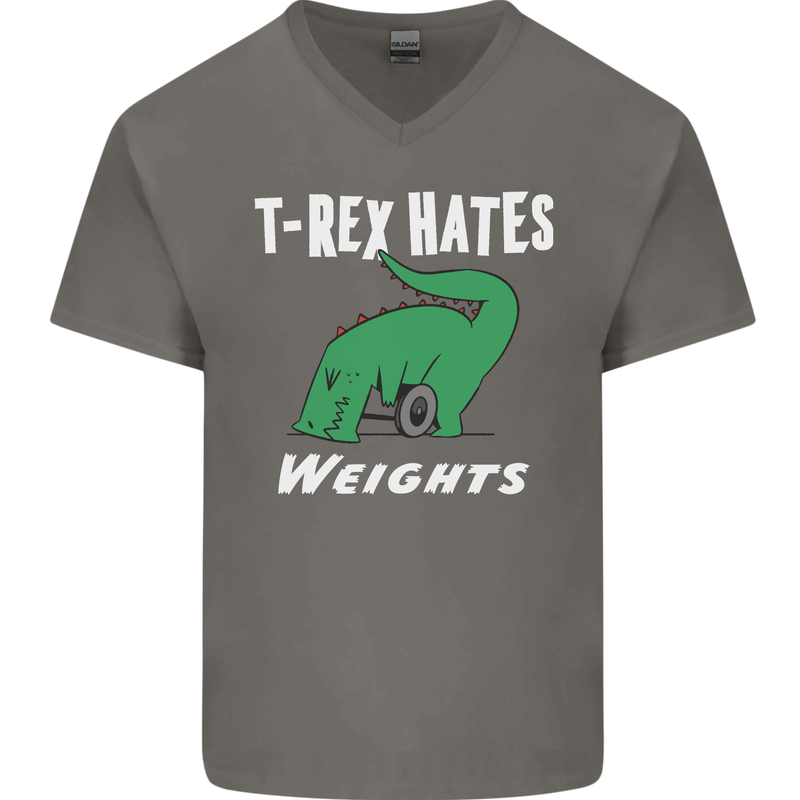 T-Rex Hates Weights Funny Gym Training Top Mens V-Neck Cotton T-Shirt Charcoal