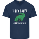 T-Rex Hates Weights Funny Gym Training Top Mens V-Neck Cotton T-Shirt Navy Blue