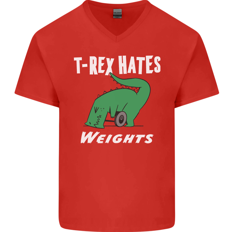 T-Rex Hates Weights Funny Gym Training Top Mens V-Neck Cotton T-Shirt Red