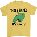 T-Rex Hates Weights Funny Gym Workout Mens T-Shirt Cotton Gildan Yellow