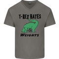 T-Rex Hates Weights Funny Gym Workout Mens V-Neck Cotton T-Shirt Charcoal