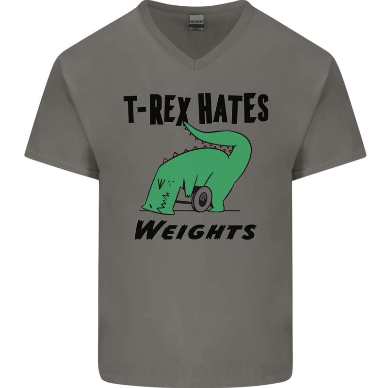 T-Rex Hates Weights Funny Gym Workout Mens V-Neck Cotton T-Shirt Charcoal