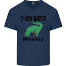 T-Rex Hates Weights Funny Gym Workout Mens V-Neck Cotton T-Shirt Navy Blue