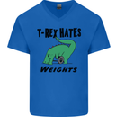 T-Rex Hates Weights Funny Gym Workout Mens V-Neck Cotton T-Shirt Royal Blue