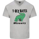 T-Rex Hates Weights Funny Gym Workout Mens V-Neck Cotton T-Shirt Sports Grey