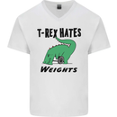 T-Rex Hates Weights Funny Gym Workout Mens V-Neck Cotton T-Shirt White