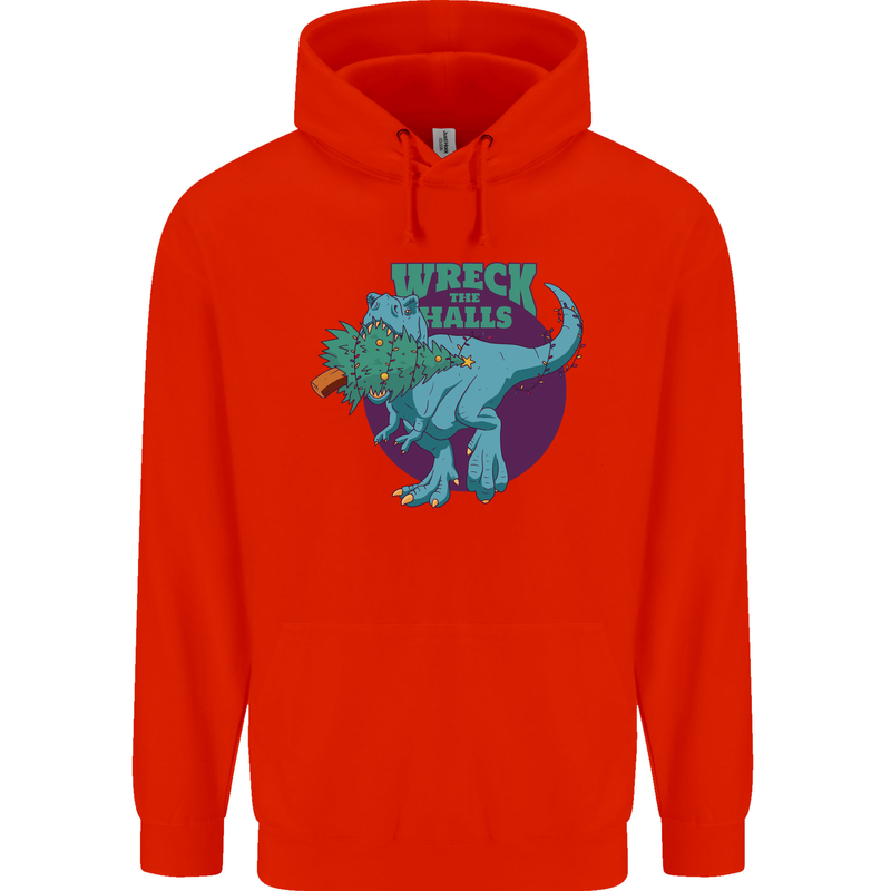 T-Rex Ruining Christmas Wreck the Halls Childrens Kids Hoodie Bright Red