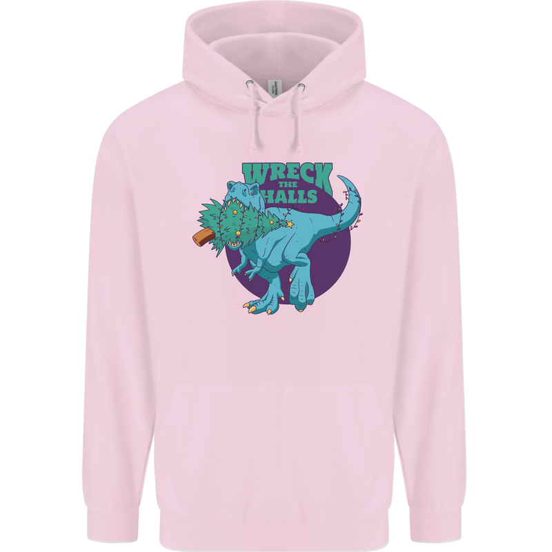 T-Rex Ruining Christmas Wreck the Halls Childrens Kids Hoodie Light Pink