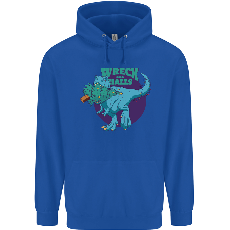 T-Rex Ruining Christmas Wreck the Halls Childrens Kids Hoodie Royal Blue