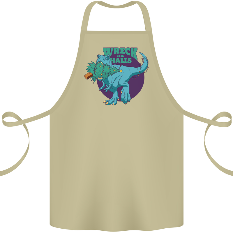 T-Rex Ruining Christmas Wreck the Halls Cotton Apron 100% Organic Khaki