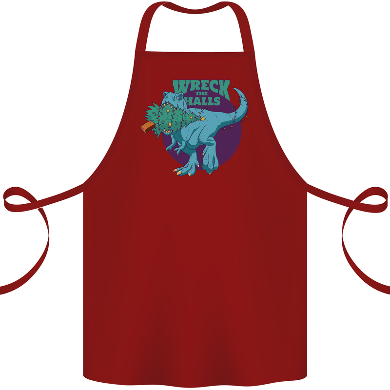 T-Rex Ruining Christmas Wreck the Halls Cotton Apron 100% Organic Maroon