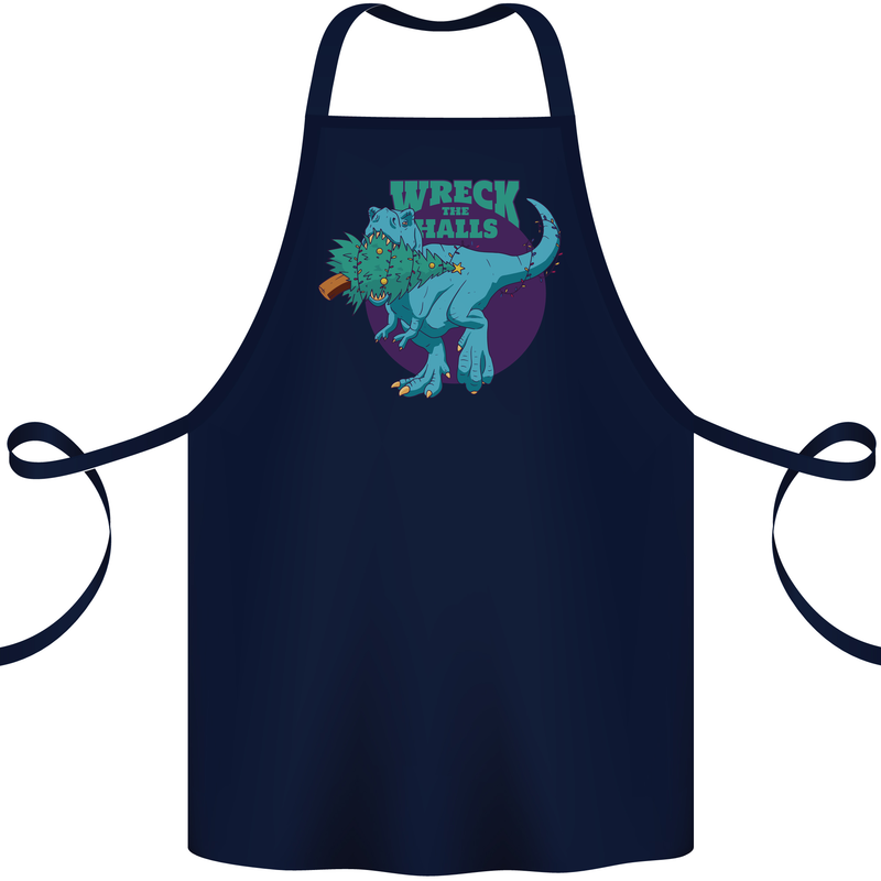 T-Rex Ruining Christmas Wreck the Halls Cotton Apron 100% Organic Navy Blue