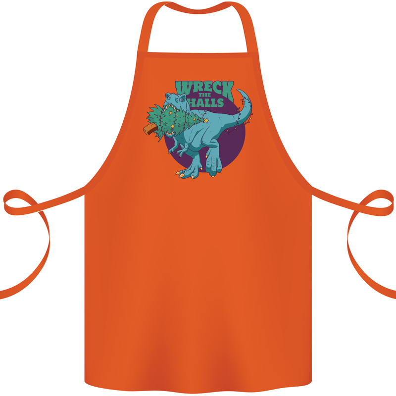 T-Rex Ruining Christmas Wreck the Halls Cotton Apron 100% Organic Orange