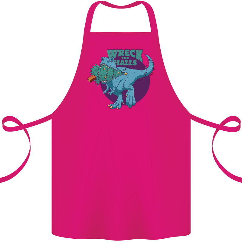 T-Rex Ruining Christmas Wreck the Halls Cotton Apron 100% Organic Pink