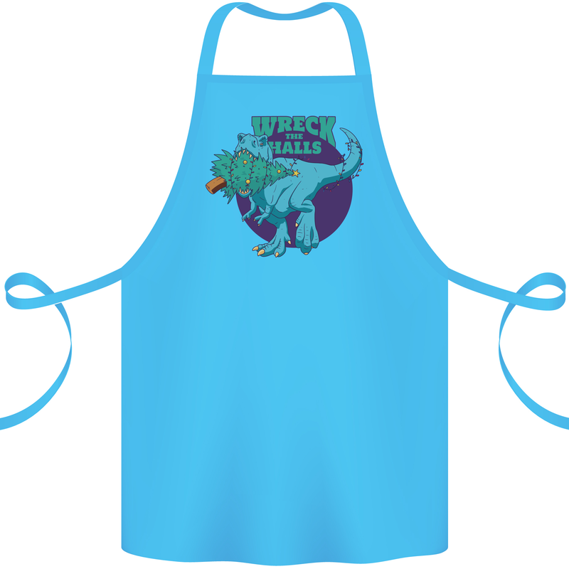 T-Rex Ruining Christmas Wreck the Halls Cotton Apron 100% Organic Turquoise