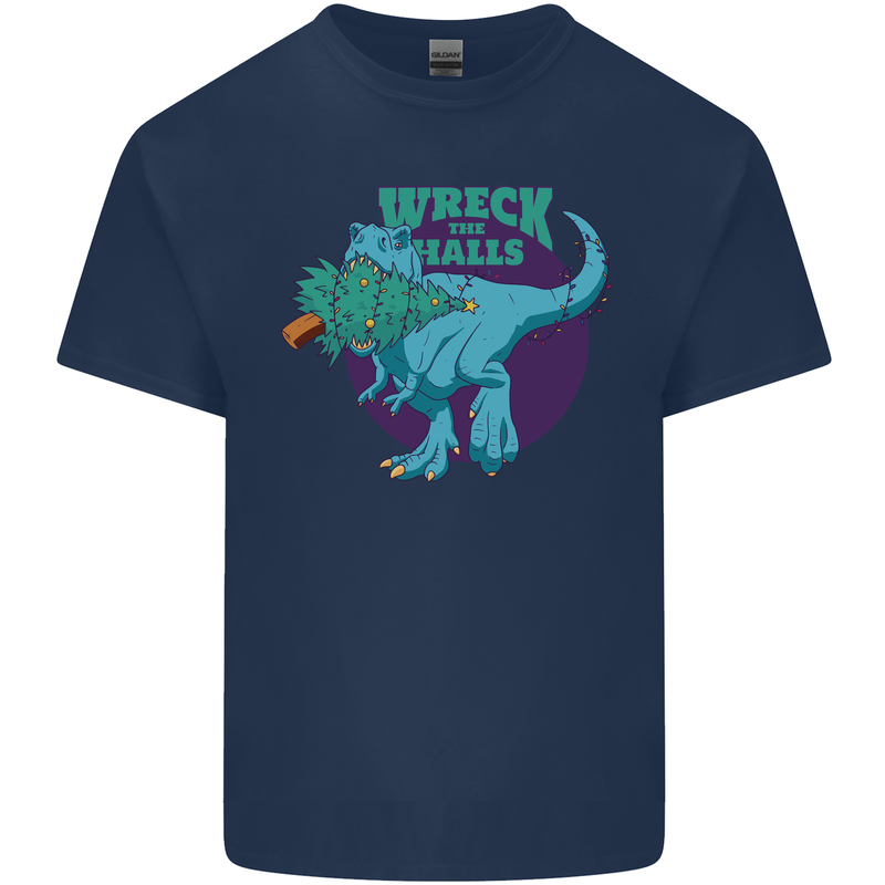 T-Rex Ruining Christmas Wreck the Halls Kids T-Shirt Childrens Navy Blue