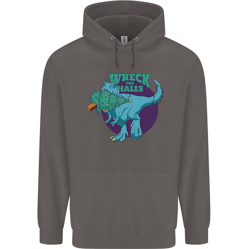 T-Rex Ruining Christmas Wreck the Halls Mens 80% Cotton Hoodie Charcoal