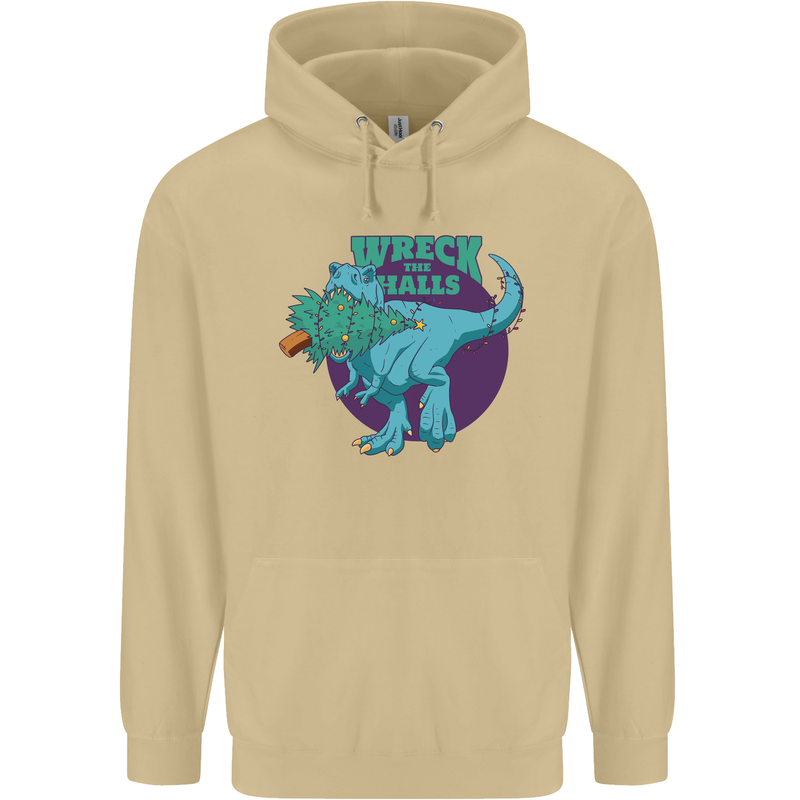 T-Rex Ruining Christmas Wreck the Halls Mens 80% Cotton Hoodie Sand