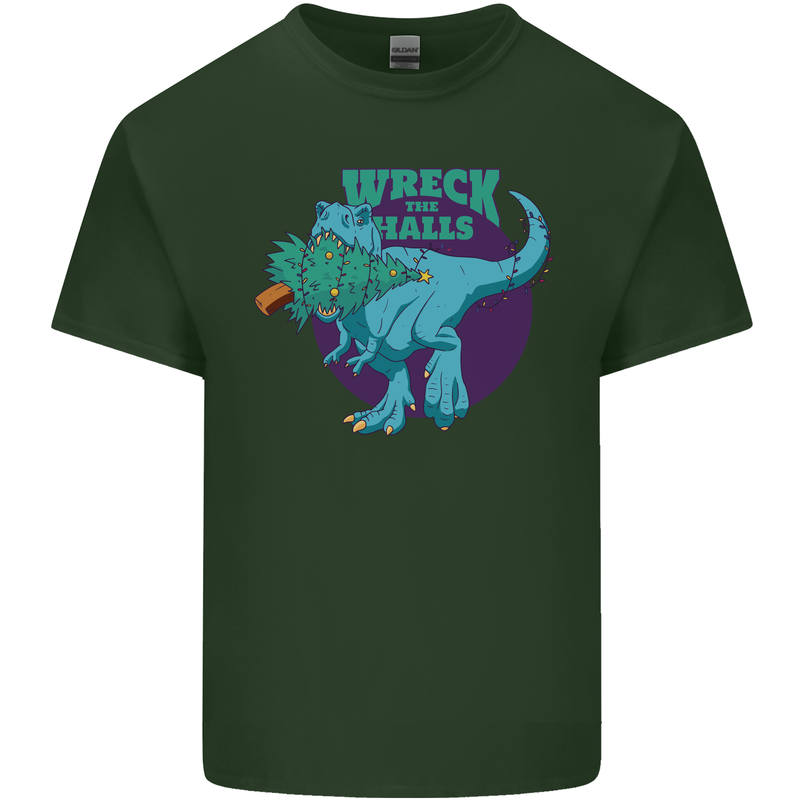 T-Rex Ruining Christmas Wreck the Halls Mens Cotton T-Shirt Tee Top Forest Green