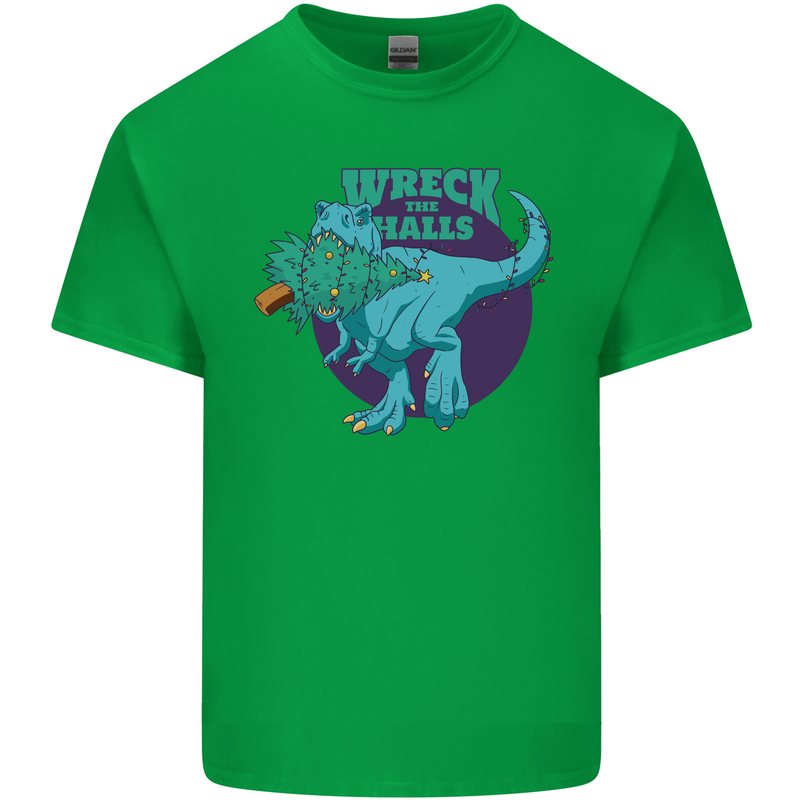 T-Rex Ruining Christmas Wreck the Halls Mens Cotton T-Shirt Tee Top Irish Green