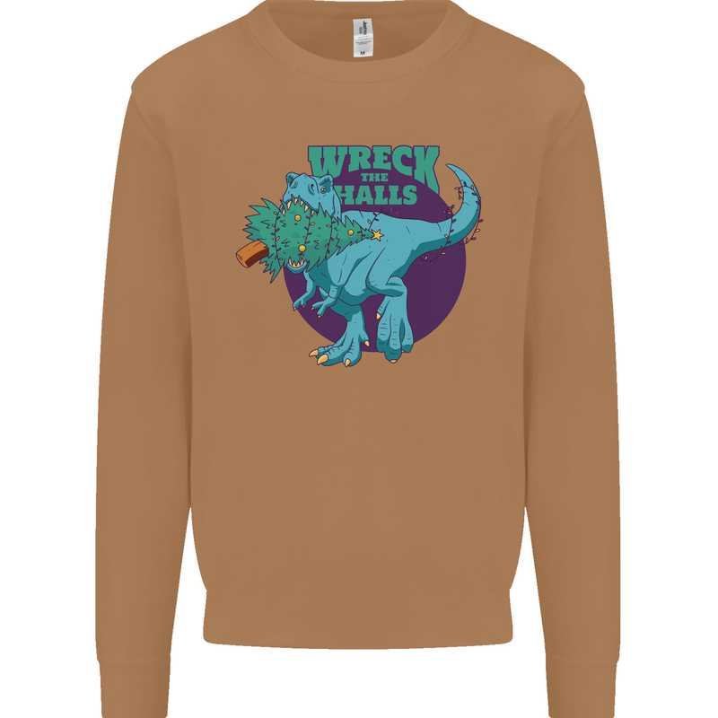 T-Rex Ruining Christmas Wreck the Halls Mens Sweatshirt Jumper Caramel Latte