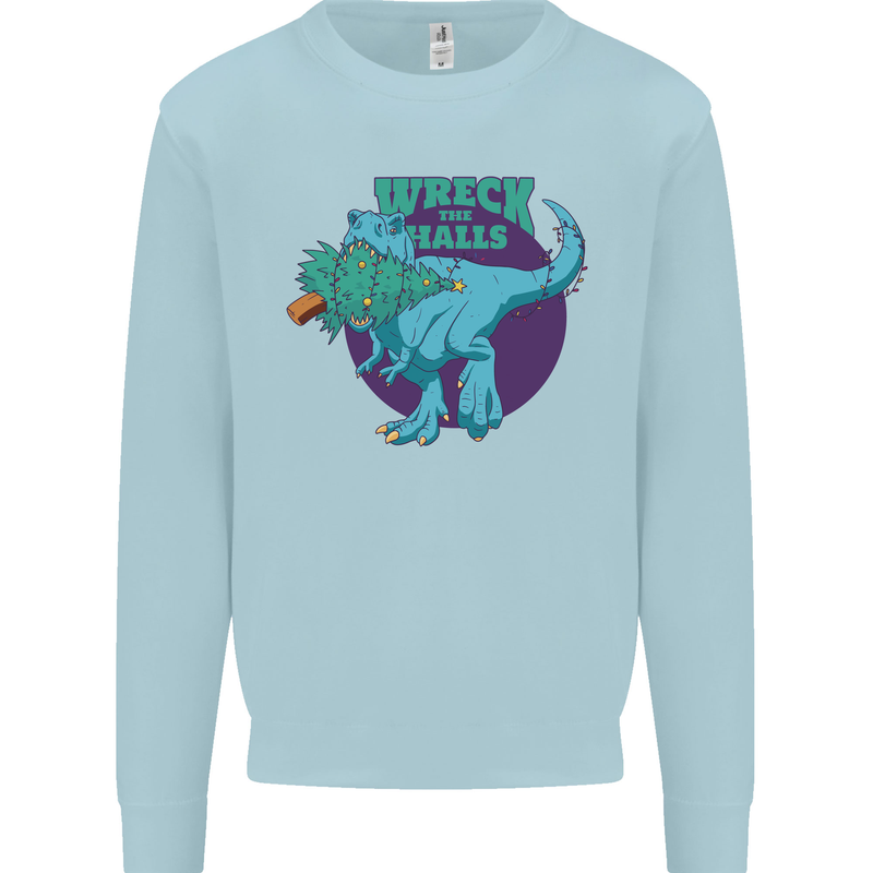 T-Rex Ruining Christmas Wreck the Halls Mens Sweatshirt Jumper Light Blue