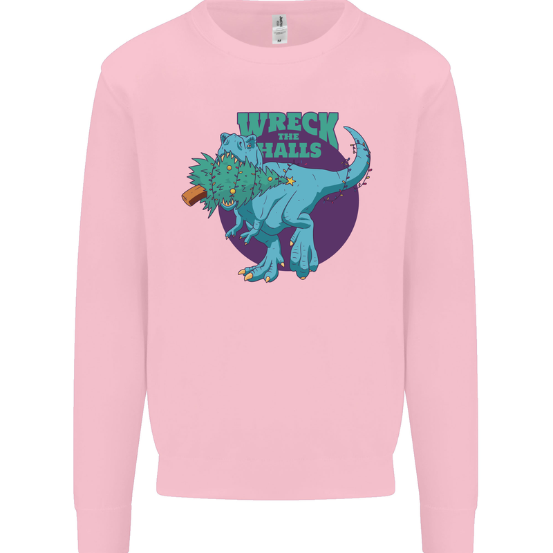 T-Rex Ruining Christmas Wreck the Halls Mens Sweatshirt Jumper Light Pink