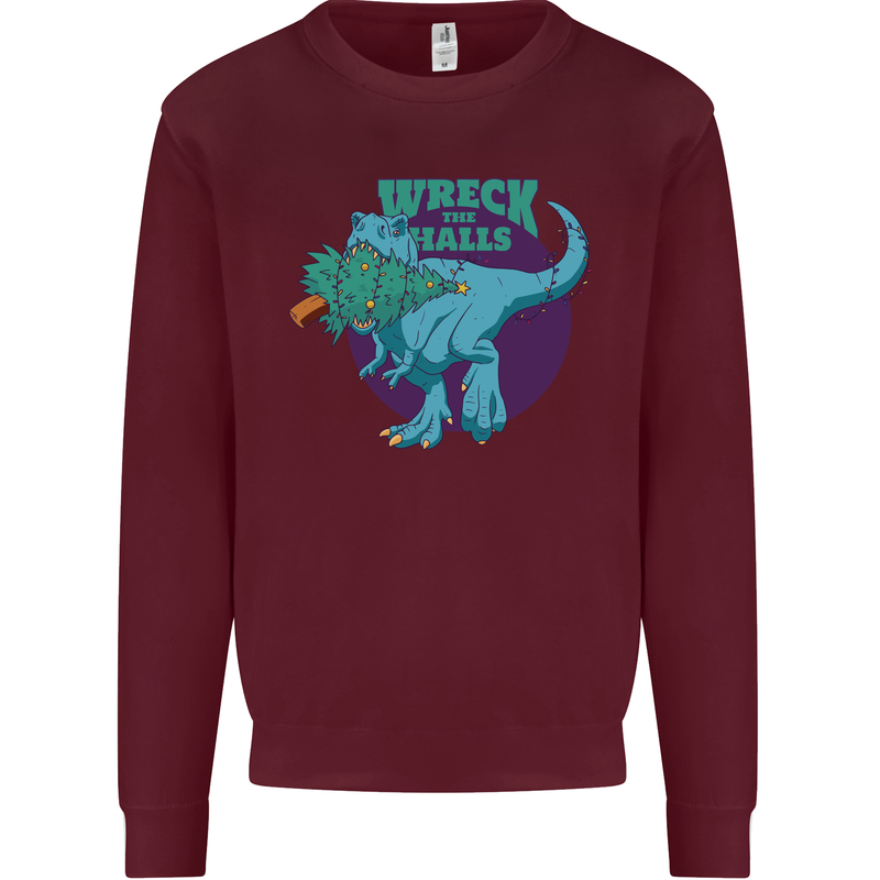 T-Rex Ruining Christmas Wreck the Halls Mens Sweatshirt Jumper Maroon