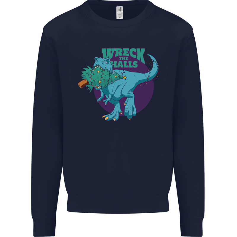 T-Rex Ruining Christmas Wreck the Halls Mens Sweatshirt Jumper Navy Blue