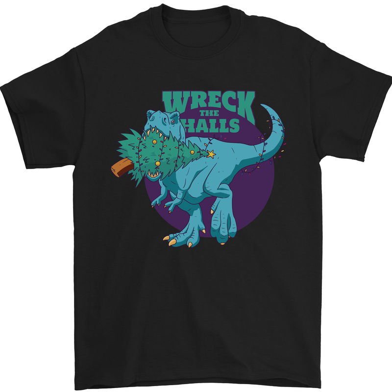 T-Rex Ruining Christmas Wreck the Halls Mens T-Shirt Cotton Gildan Black