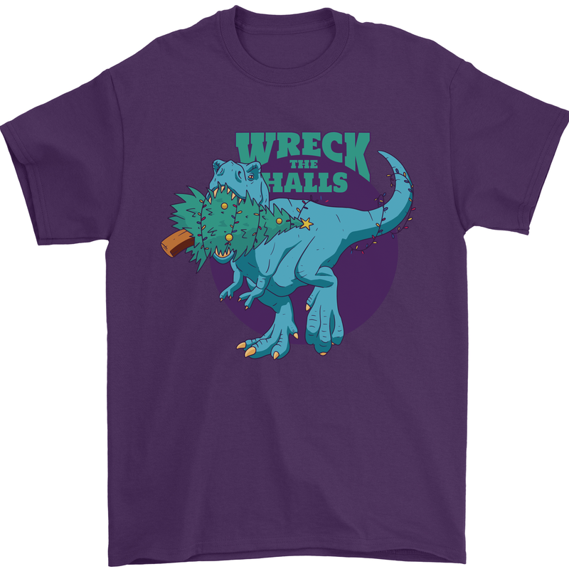 T-Rex Ruining Christmas Wreck the Halls Mens T-Shirt Cotton Gildan Purple