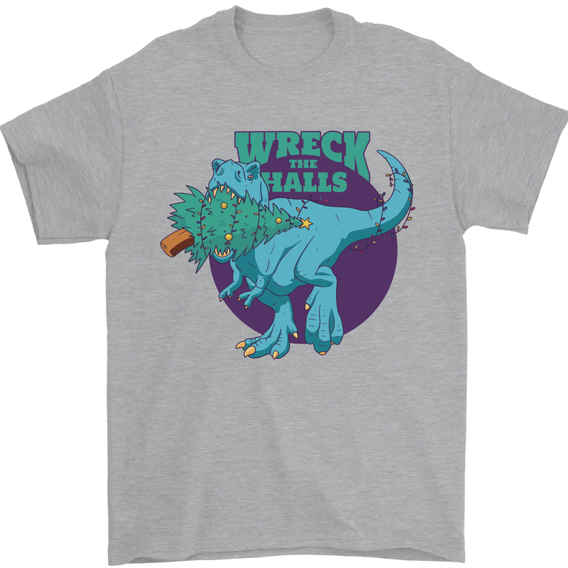 T-Rex Ruining Christmas Wreck the Halls Mens T-Shirt Cotton Gildan Sports Grey