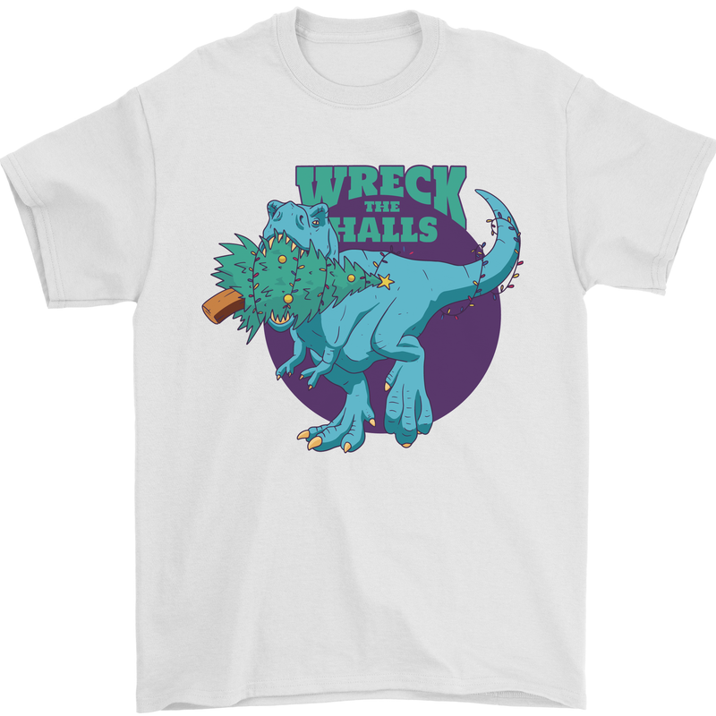 T-Rex Ruining Christmas Wreck the Halls Mens T-Shirt Cotton Gildan White