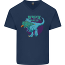 T-Rex Ruining Christmas Wreck the Halls Mens V-Neck Cotton T-Shirt Navy Blue