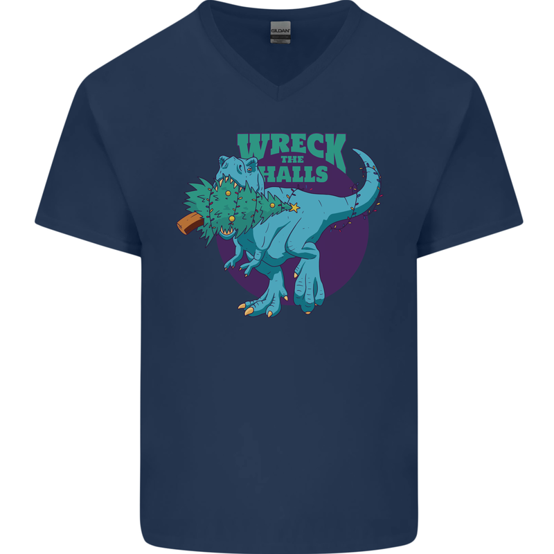 T-Rex Ruining Christmas Wreck the Halls Mens V-Neck Cotton T-Shirt Navy Blue
