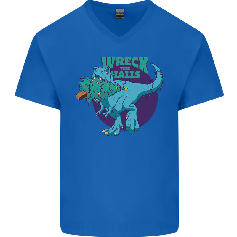 T-Rex Ruining Christmas Wreck the Halls Mens V-Neck Cotton T-Shirt Royal Blue