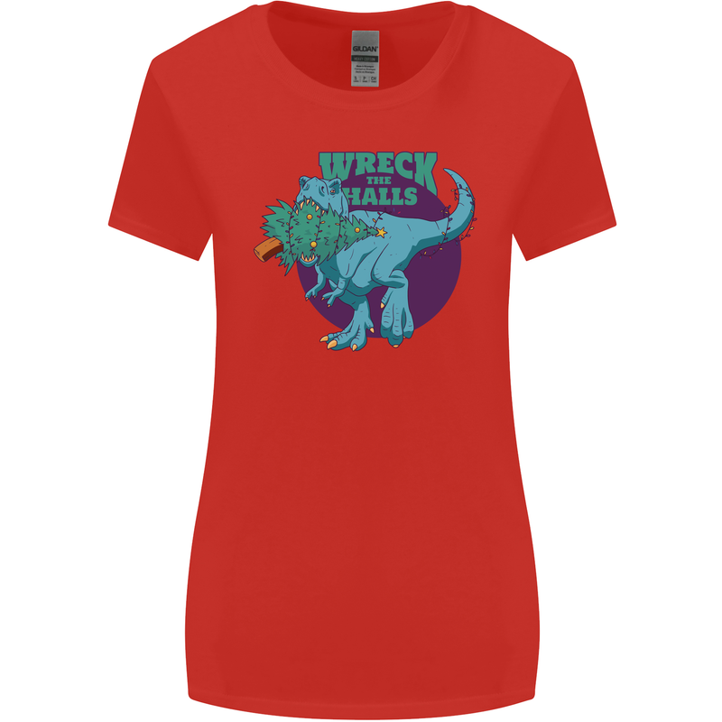 T-Rex Ruining Christmas Wreck the Halls Womens Wider Cut T-Shirt Red