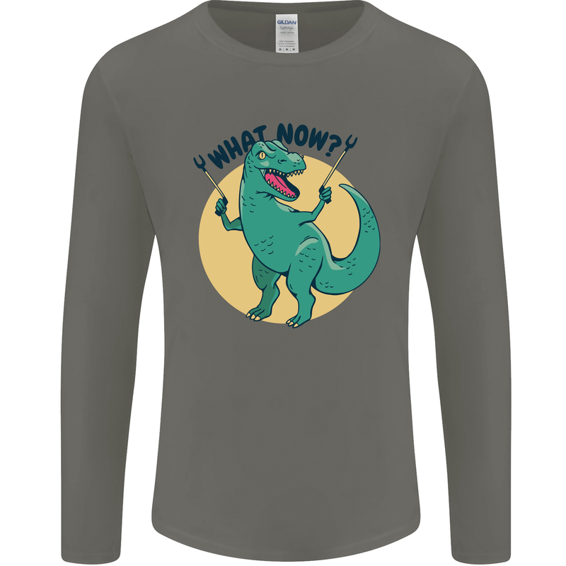 T-Rex What Now Funny Dinosaur Mens Long Sleeve T-Shirt Charcoal