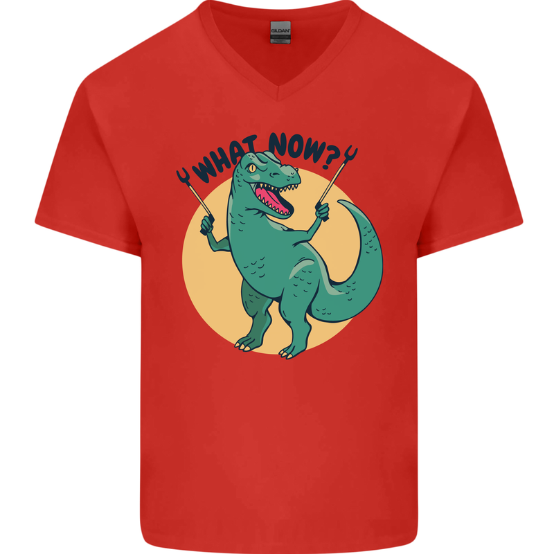 T-Rex What Now Funny Dinosaur Mens V-Neck Cotton T-Shirt Red