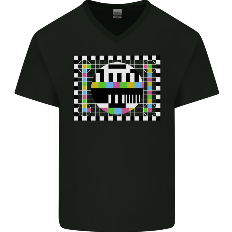 TV Test Pattern as Worn by Mens V-Neck Cotton T-Shirt Black