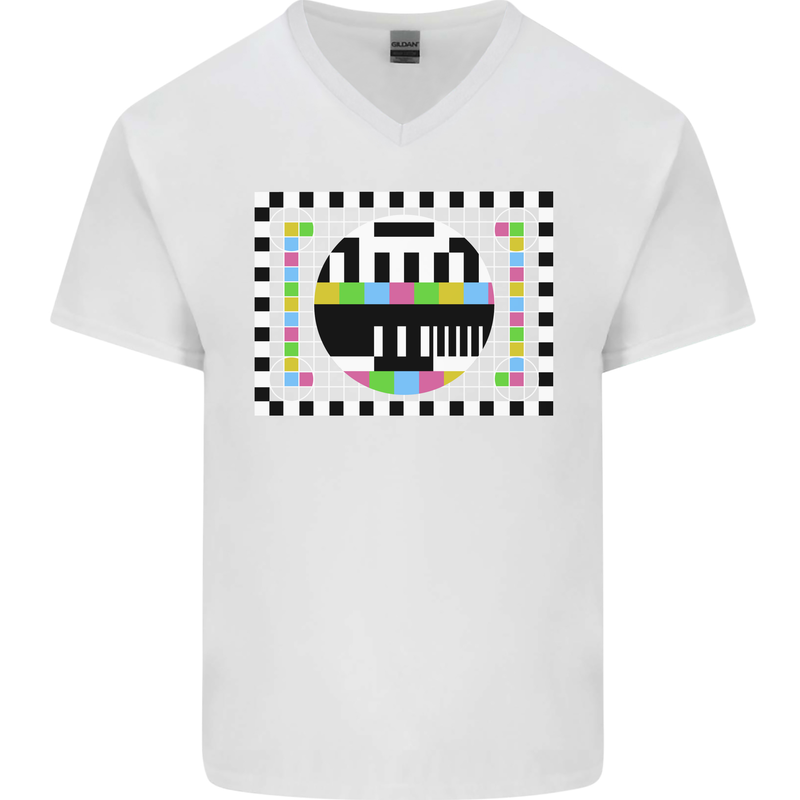 TV Test Pattern as Worn by Mens V-Neck Cotton T-Shirt White