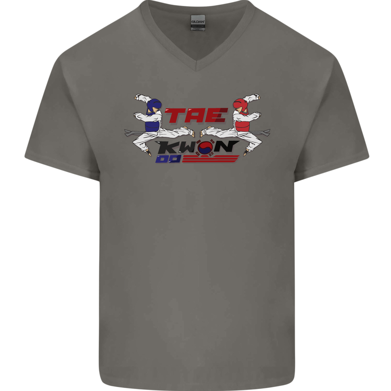 Taekwondo Fighter Mixed Martial Arts MMA Mens V-Neck Cotton T-Shirt Charcoal