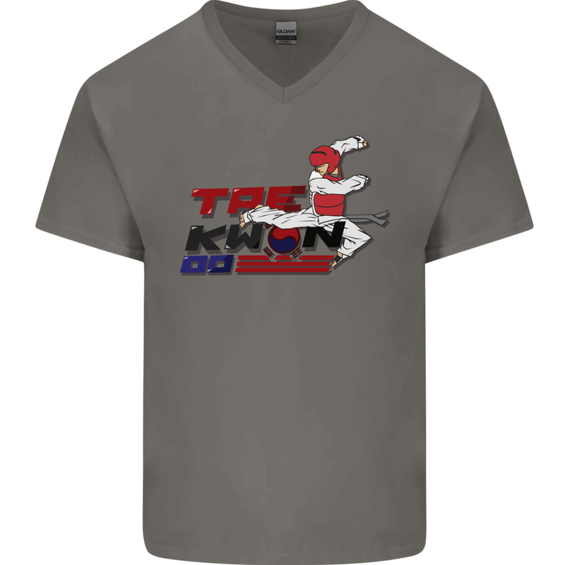 Taekwondo Fighter Mixed Martial Arts MMA Mens V-Neck Cotton T-Shirt Charcoal