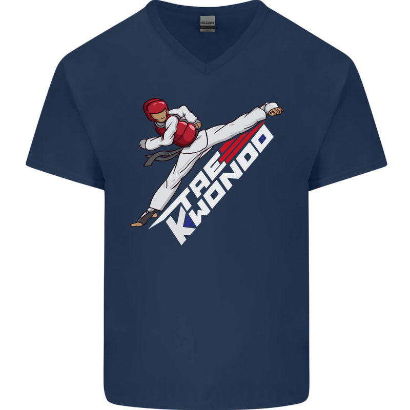 Taekwondo Fighter Mixed Martial Arts MMA Mens V-Neck Cotton T-Shirt Navy Blue