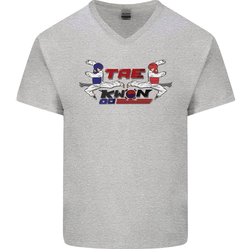 Taekwondo Fighter Mixed Martial Arts MMA Mens V-Neck Cotton T-Shirt Sports Grey