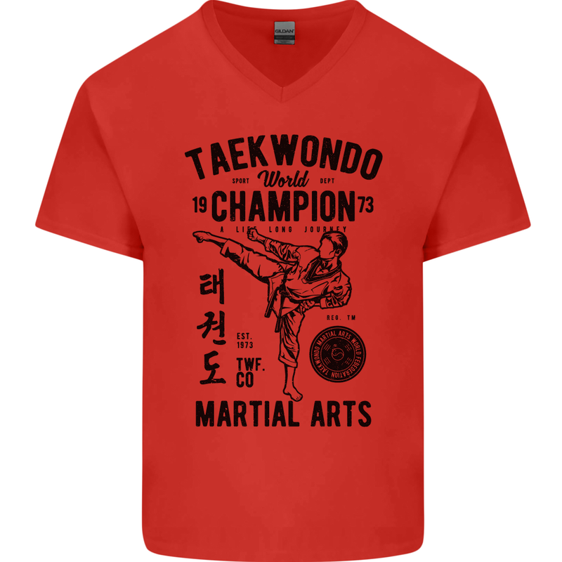 Taekwondo World Champion Martial Arts MMA Mens V-Neck Cotton T-Shirt Red