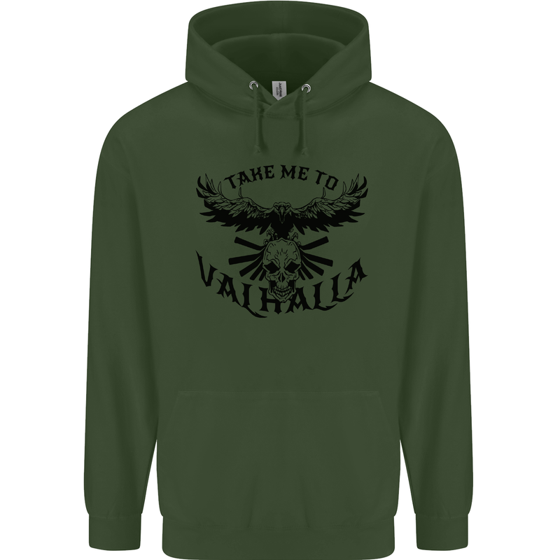 Take Me To Valhalla Viking Skull Odin Thor Childrens Kids Hoodie Forest Green