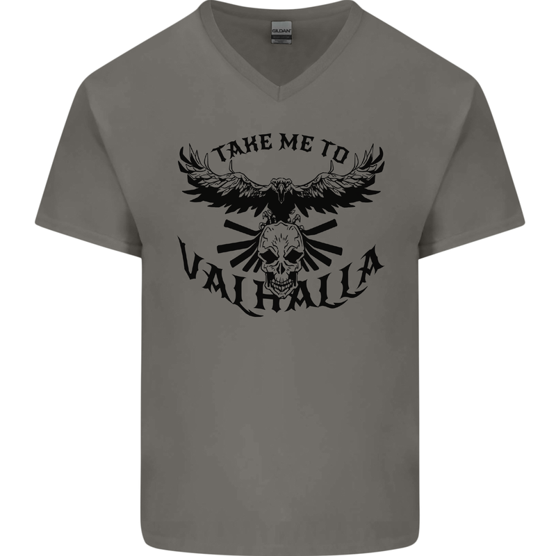 Take Me To Valhalla Viking Skull Odin Thor Mens V-Neck Cotton T-Shirt Charcoal