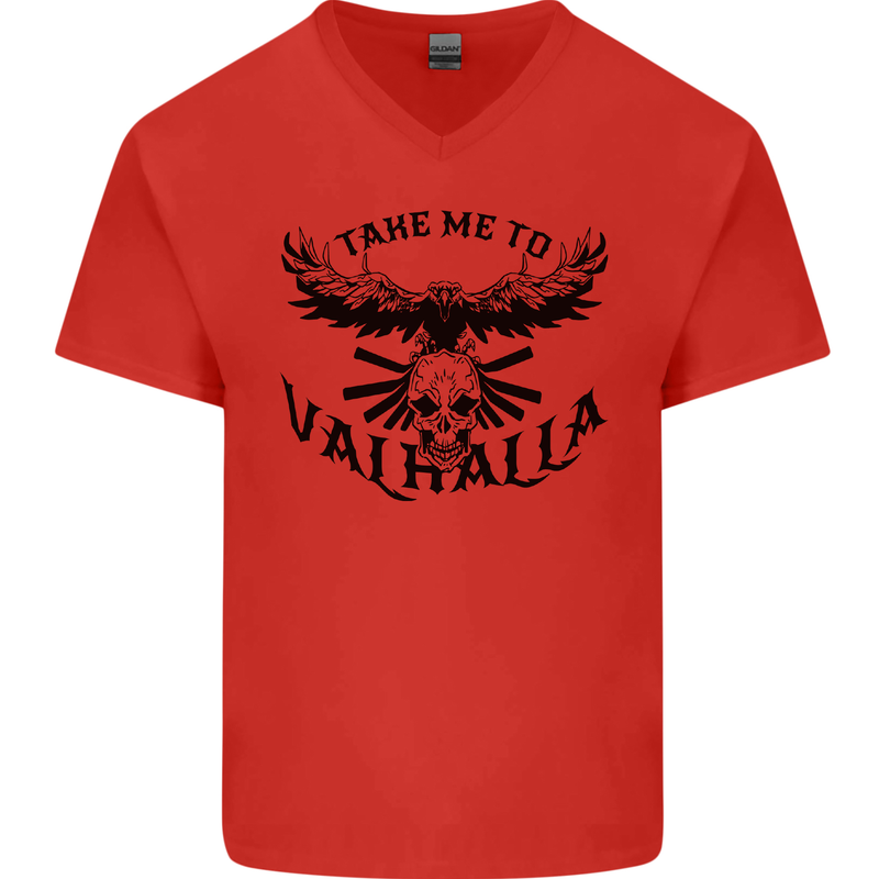 Take Me To Valhalla Viking Skull Odin Thor Mens V-Neck Cotton T-Shirt Red